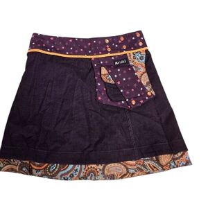 MOSHIKI 3 cord purple corduroy and paisley reversible‎ wrap skirt with pouch OS
